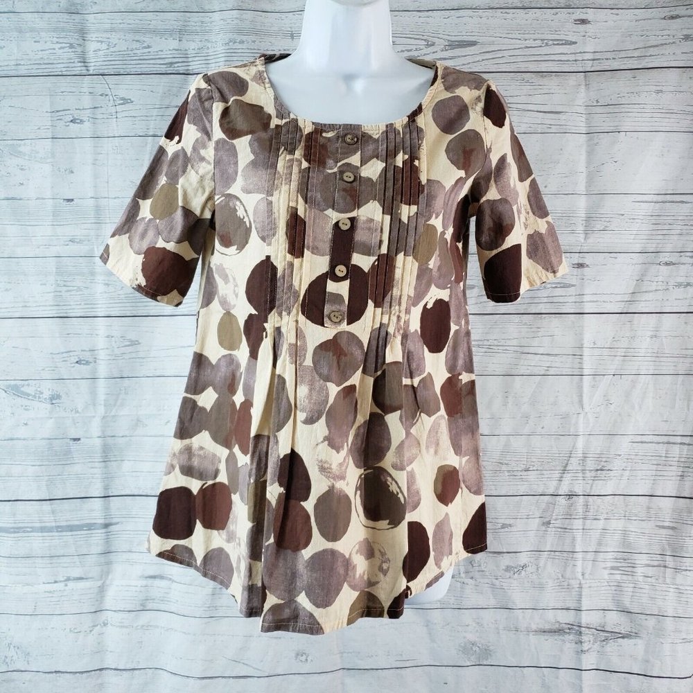 Cellabie Womens Top Sz XS Brown Beige Short Sleeve Pleated Cotton Blend